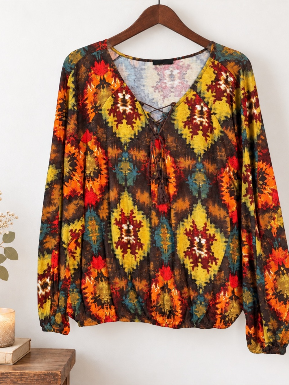 Boho Ikat Peasant Top Tie Neck Balloon Body Fitted Hem 2X